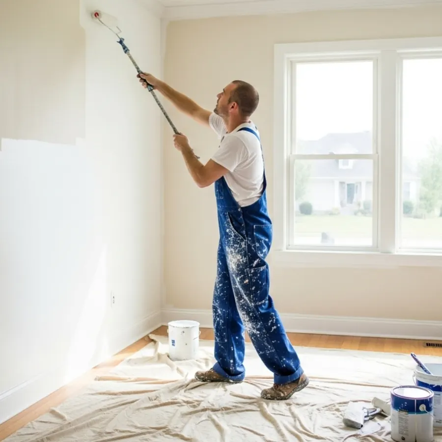 Pintor aplicando tinta em parede de casa residencial